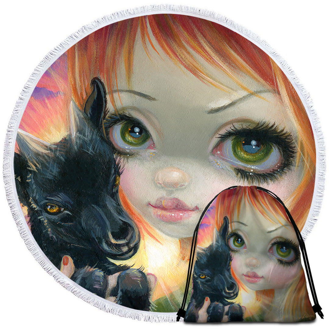 Faces of Faery _224 Sunset Girl with Her Baby Goat Circle Beach Towel