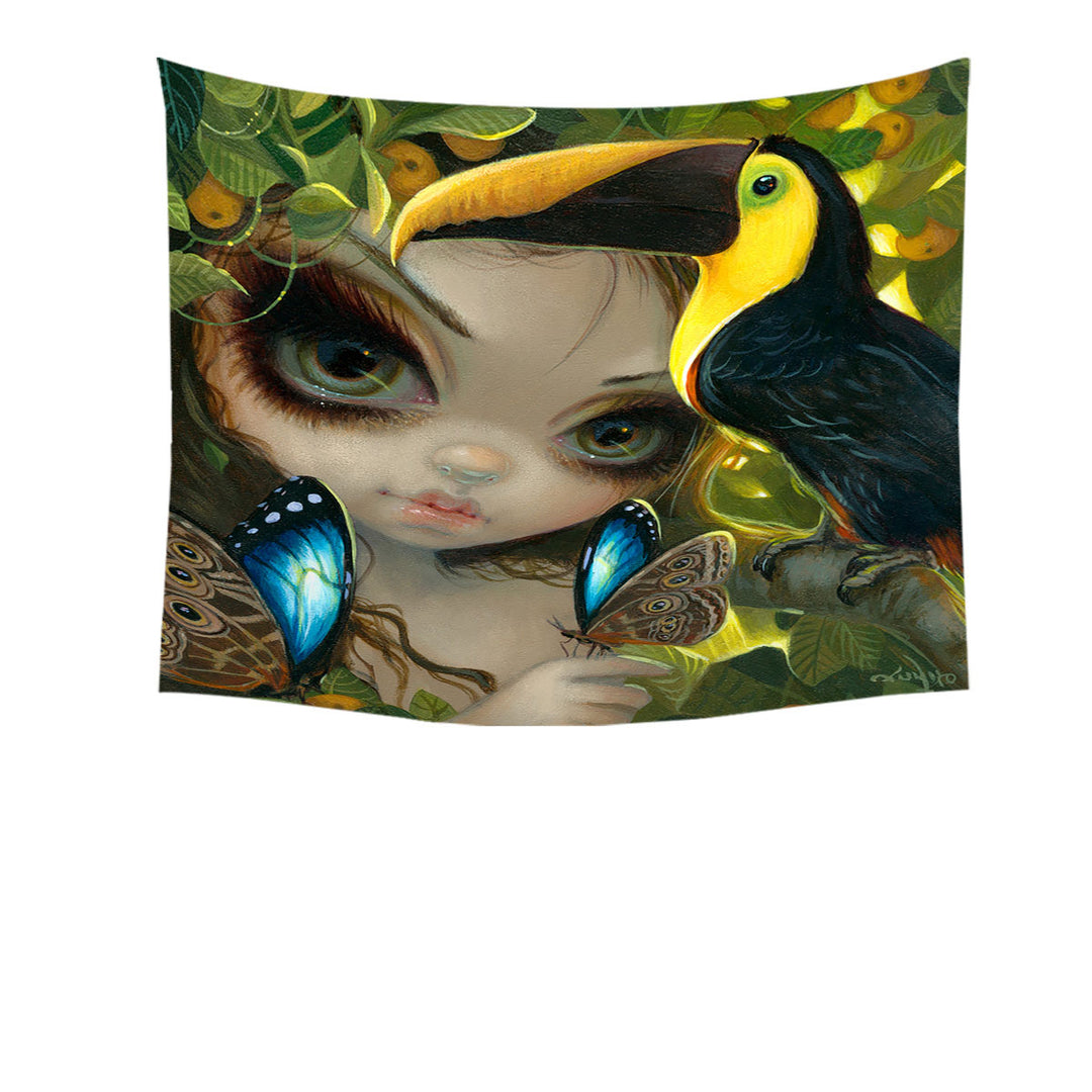 Faces of Faery _236 Tropical Girl and Her Toucan Tapestry
