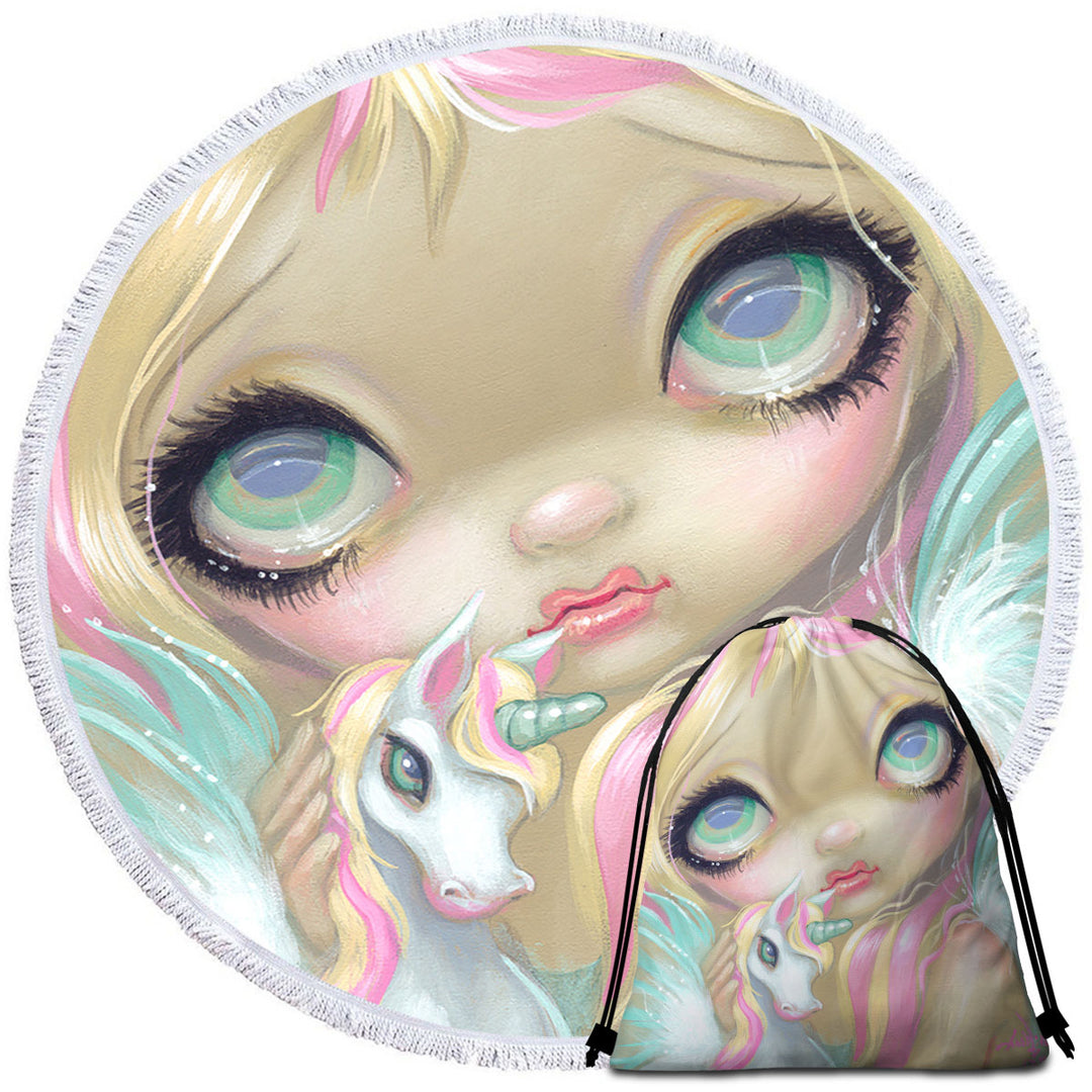 Girly Round Beach Towel Faces of Faery _178 Big Eyed Pinkish Girl Unicorn