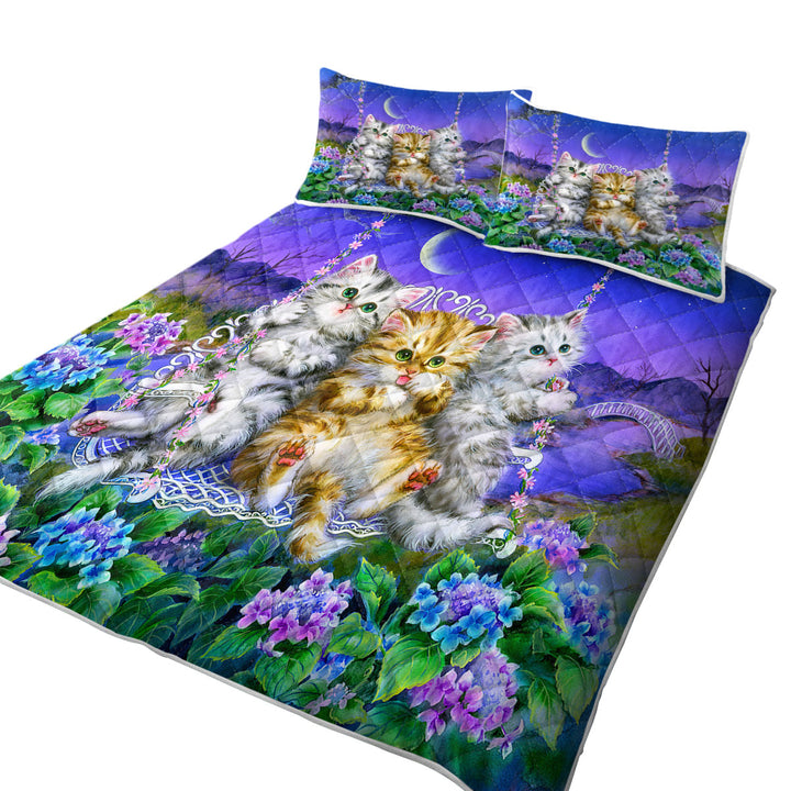 Adorable Cats Art Floral Swing Kittens King Size Bedspreads