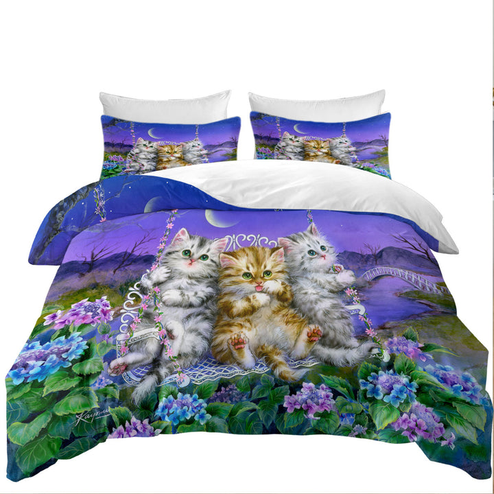 Adorable Cats Art Floral Swing Kittens Queen Size Duvet Cover