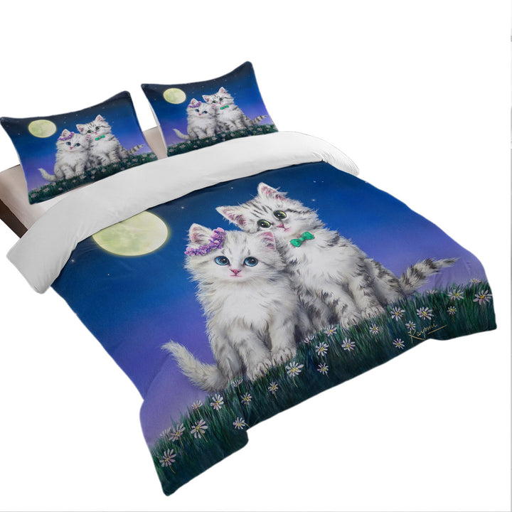 Adorable Cats Art Moon Romance Grey Kittens Duvet Cover
