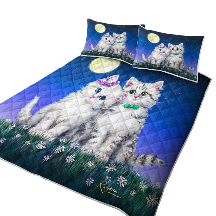 Adorable Cats Art Moon Romance Grey Kittens King Quilt