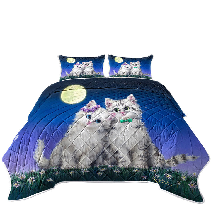 Adorable Cats Art Moon Romance Grey Kittens King Size Bedspreads