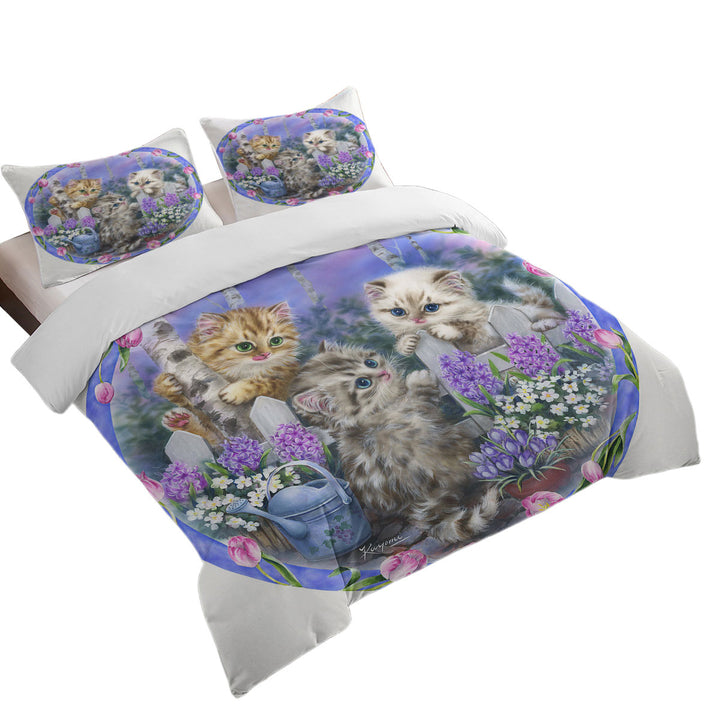 Adorable Cats Drawing Flowers and Kitten Garden Duvet Covers
