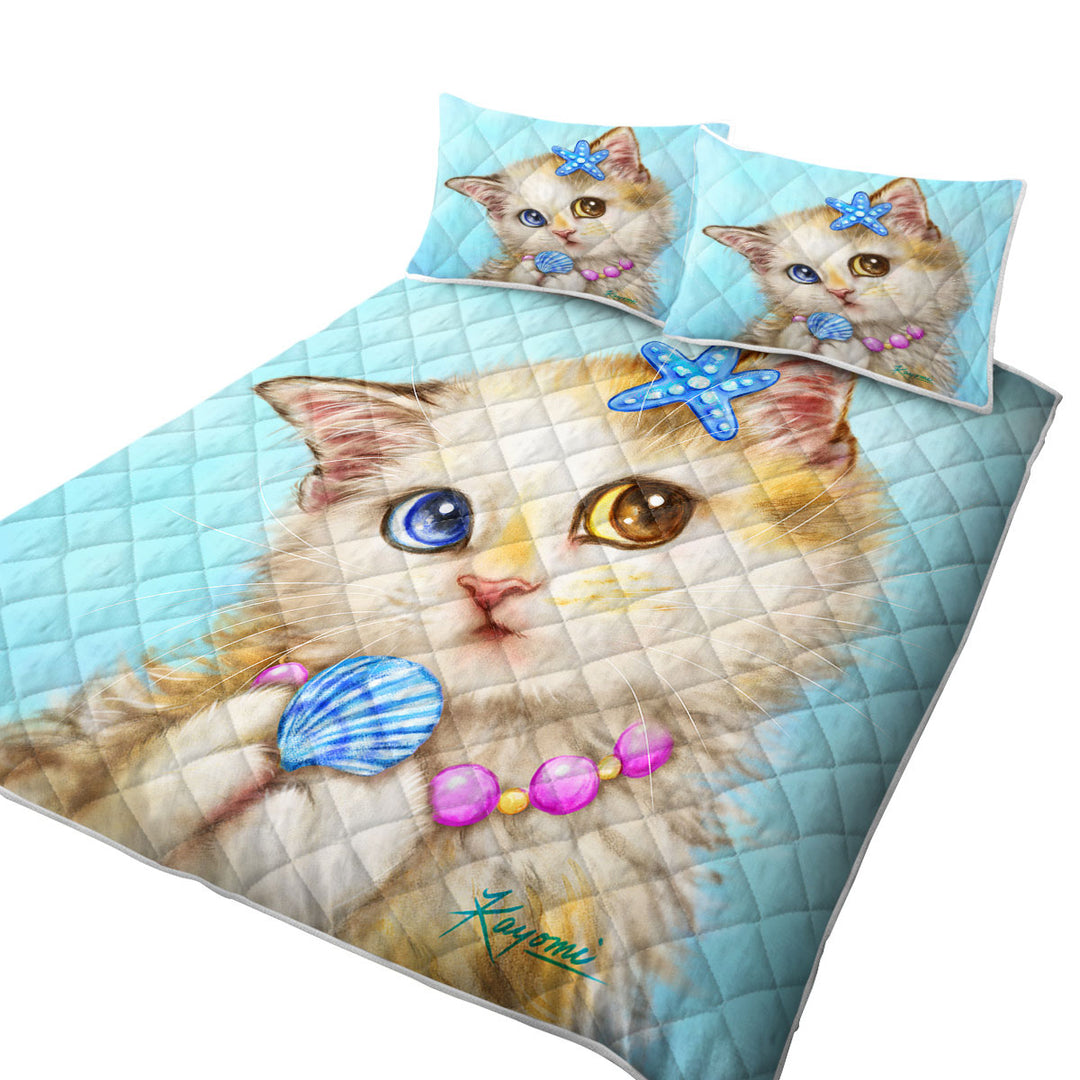 Adorable Cats Drawings Seashells Girly Kitten Coverlet