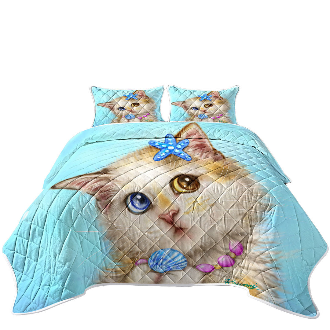 Adorable Cats Drawings Seashells Girly Kitten King Size Quilt