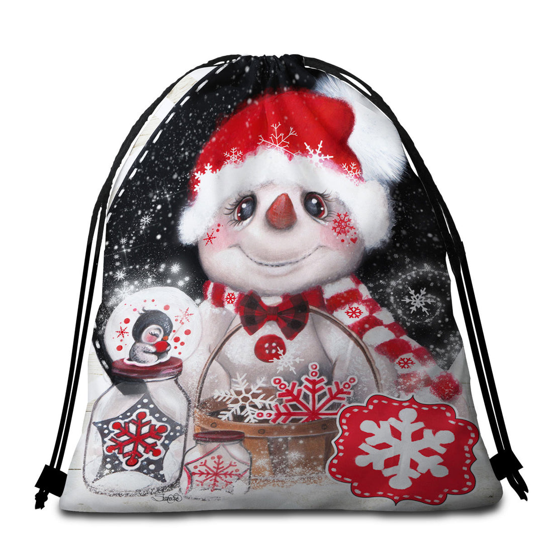 Adorable Christmas Beach Towel Bags with Snowflake Wishes Snowman