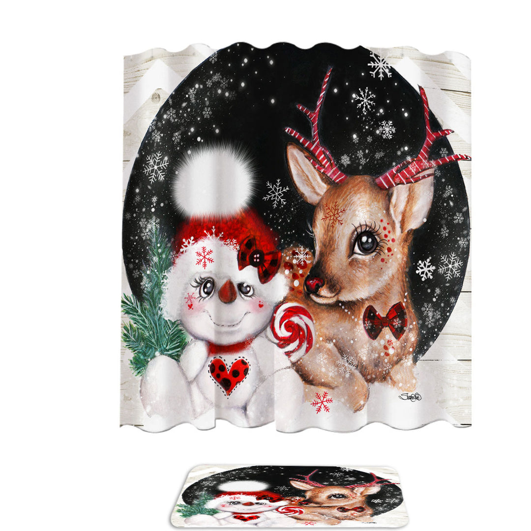 Adorable Christmas Reindeer and Snowman Shower Curtain
