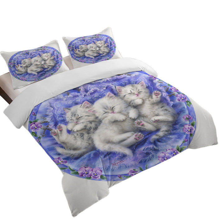 Adorable Cute Three White Kittens on Purple Duvet Cover