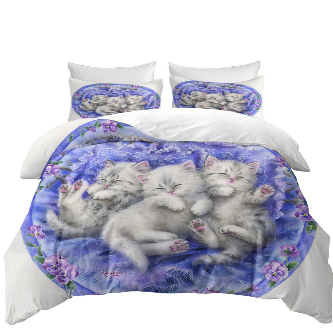 Adorable Cute Three White Kittens on Purple Oversized King Duvet Cover