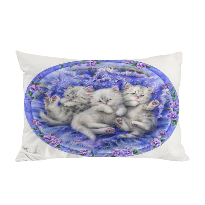 Adorable Cute Three White Kittens on Purple Pillow Case Covers