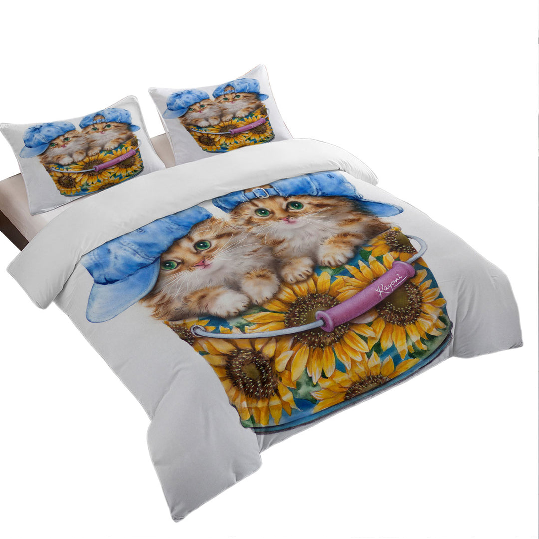 Adorable Funny Kittens Sunflower Bucket Duvet Cover