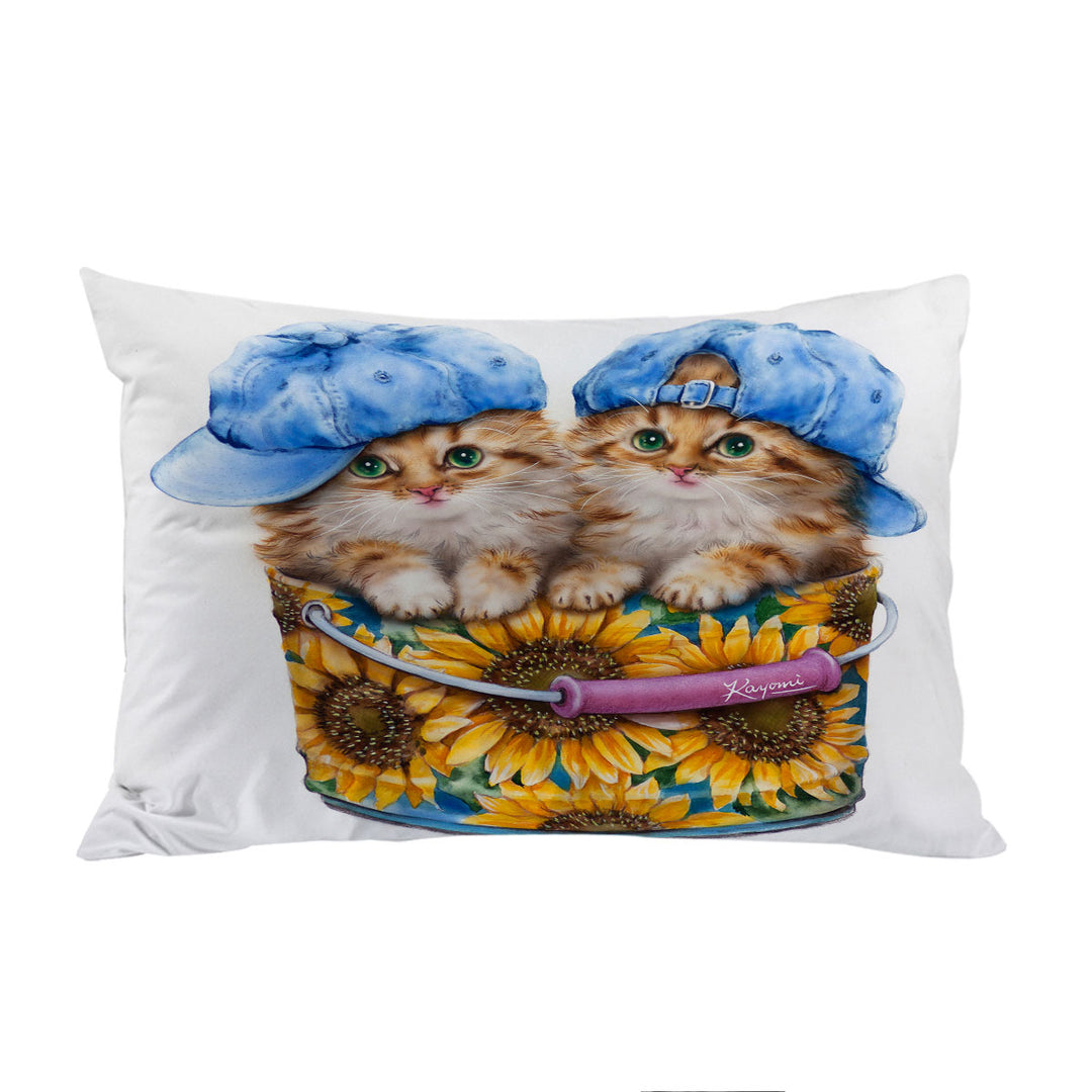 Adorable Funny Kittens Sunflower Bucket Pillow Cases