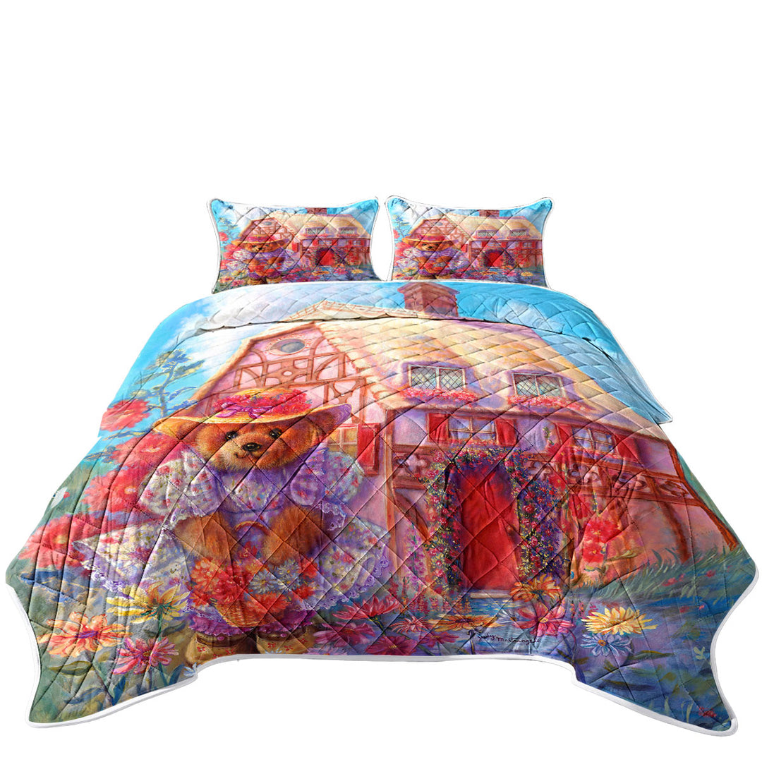 Adorable Kids Vintage Art Painting the Little Bear House Quilt