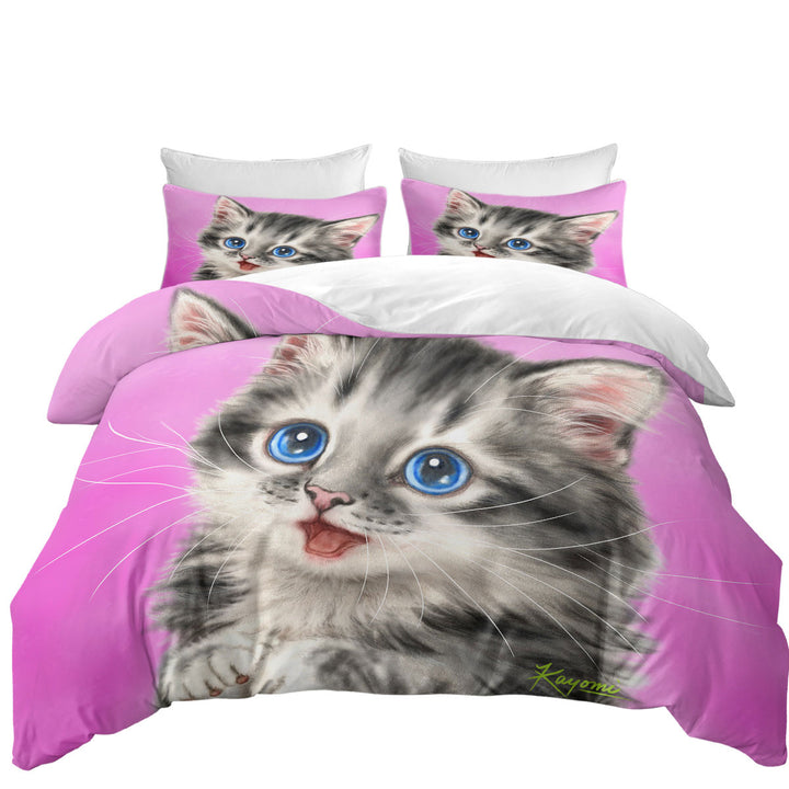 Adorable Painted Cats Baby Blue Eyes Grey Kitty King Size Duvet Cover
