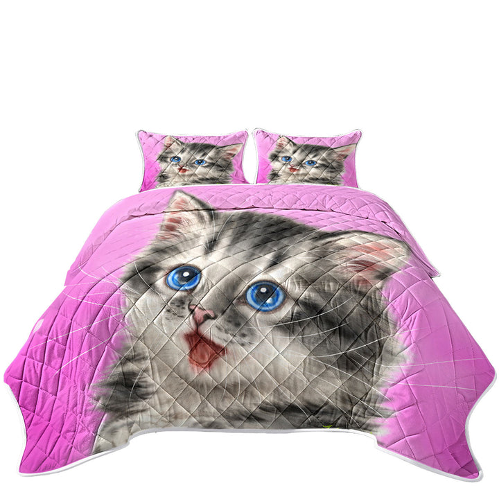 Adorable Painted Cats Baby Blue Eyes Grey Kitty King Size Quilt Sets