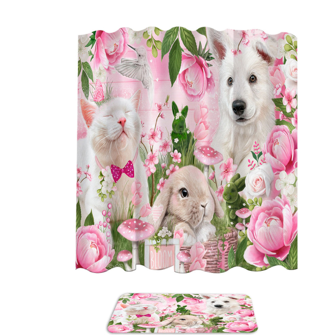 Adorable Shower Curtains Cat Dog Bunny Pink Blossom Buddies