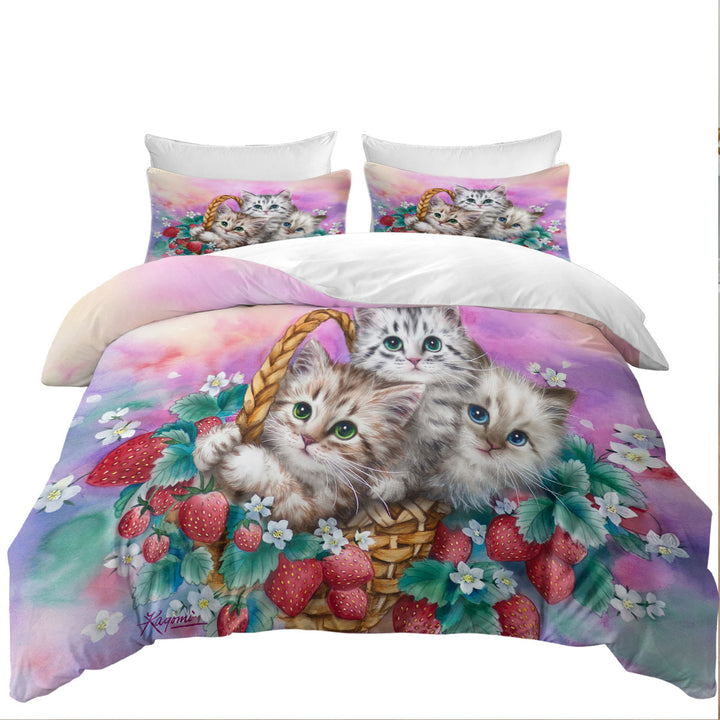 Adorable Strawberry Basket with Kittens Duvet Cover Queen