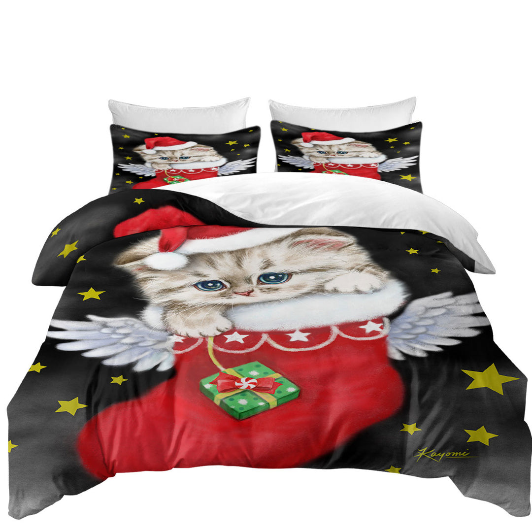 Adorable Tabby Kitty in Red Angle Christmas Sock Duvet Covers
