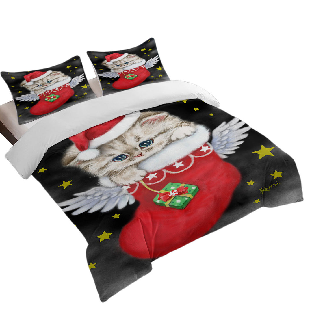 Adorable Tabby Kitty in Red Angle Christmas Sock King Size Duvet Cover