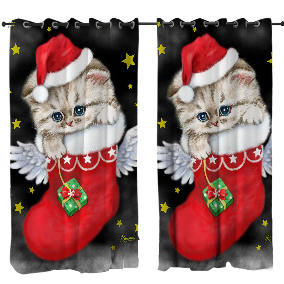 Adorable Tabby Kitty in Red Angle Christmas Sock Made to Measure Curtains