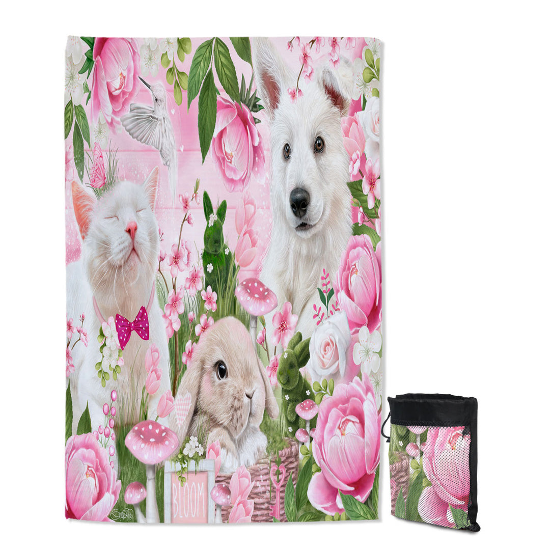 Adorable Travel Beach Towel Cat Dog Bunny Pink Blossom Buddies