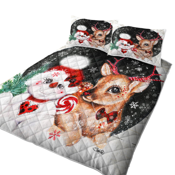 Adorable Twin Quilt Christmas Reindeer and Snowman