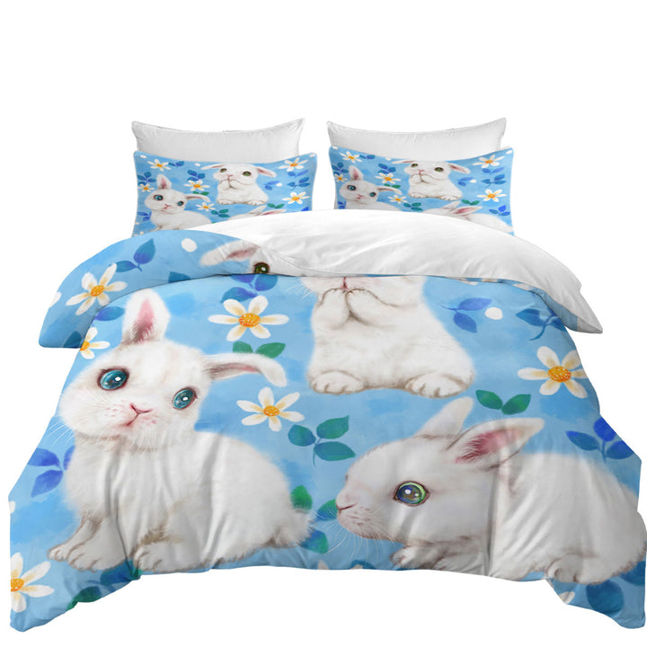 Adorable White Bunnies and Flowers for Kids Quilt Cover