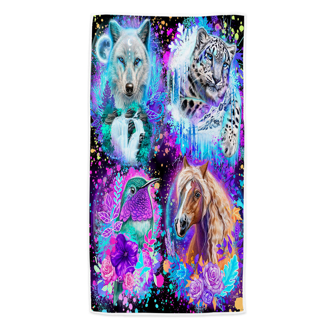 Animal Beach Towels Wolf Horse Leopard Hummingbird Animal Collage