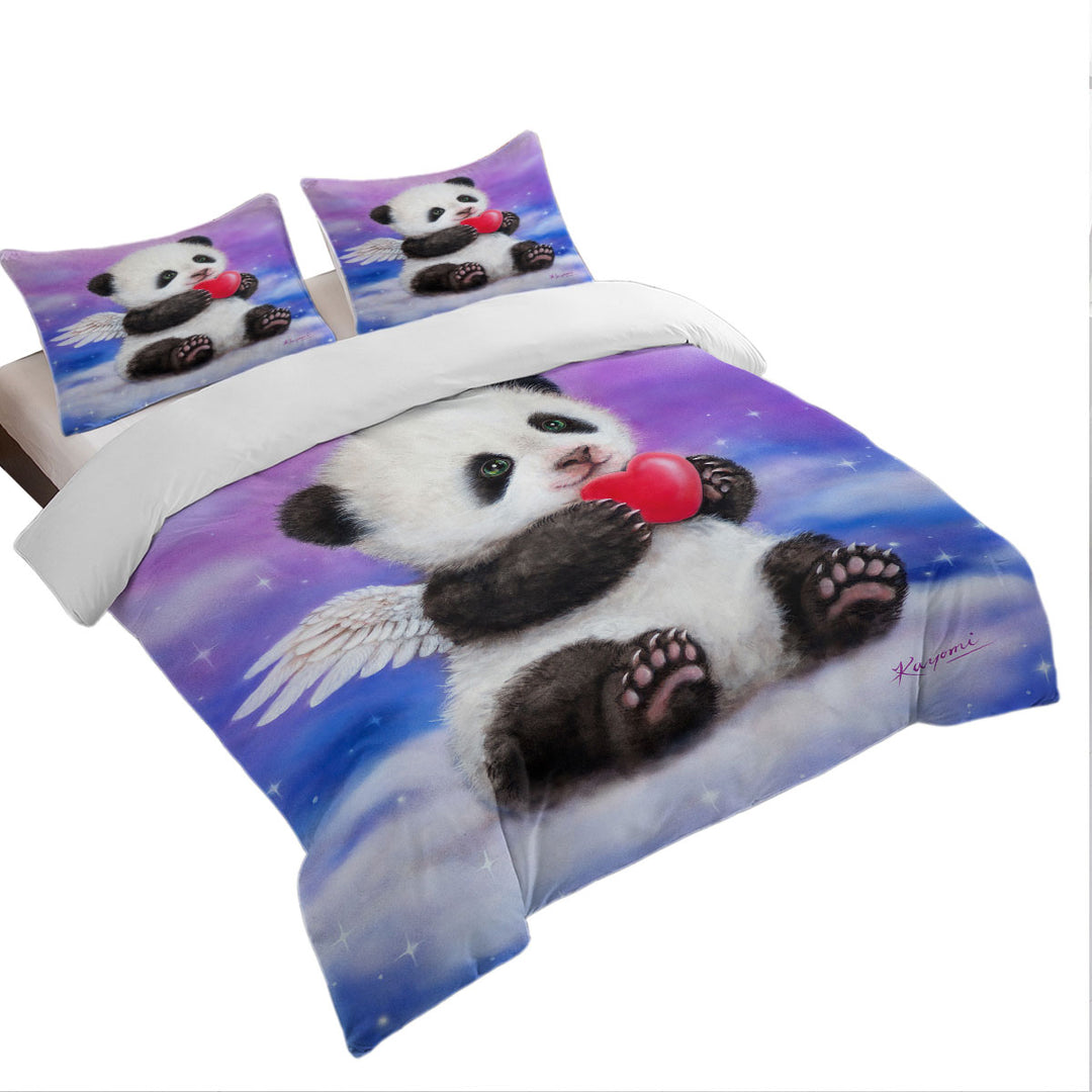 Animal Drawing Cute Panda Heart Angel Bed Covers