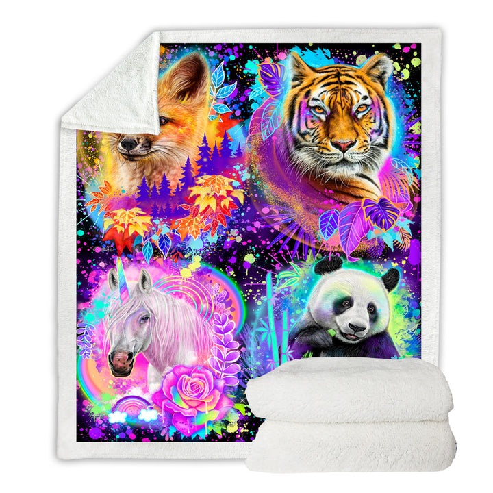 Animal Sherpa Blanket Tiger Fox Panda Unicorn Animal Spirits Collage