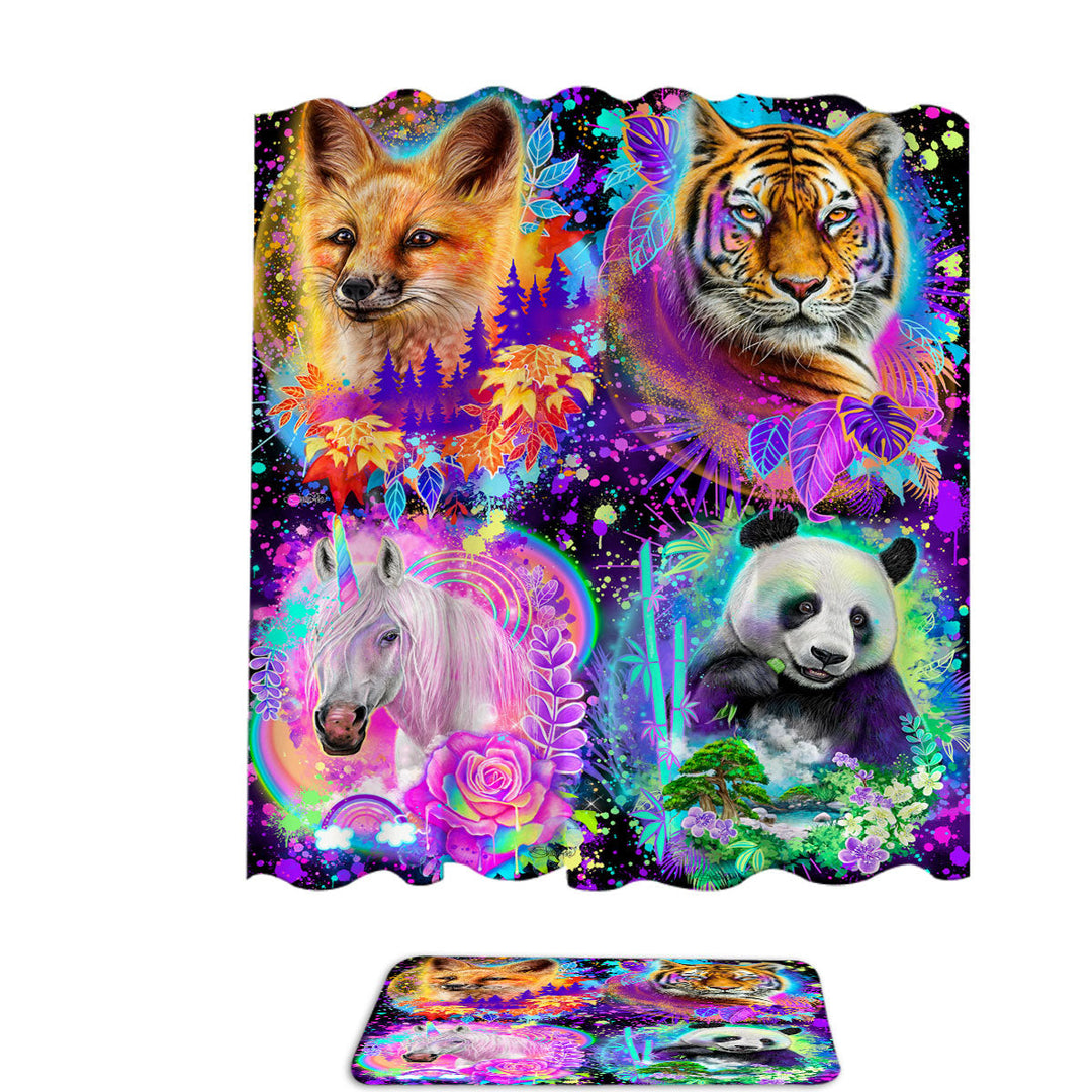 Animal Shower Curtain Tiger Fox Panda Unicorn Animal Spirits Collage
