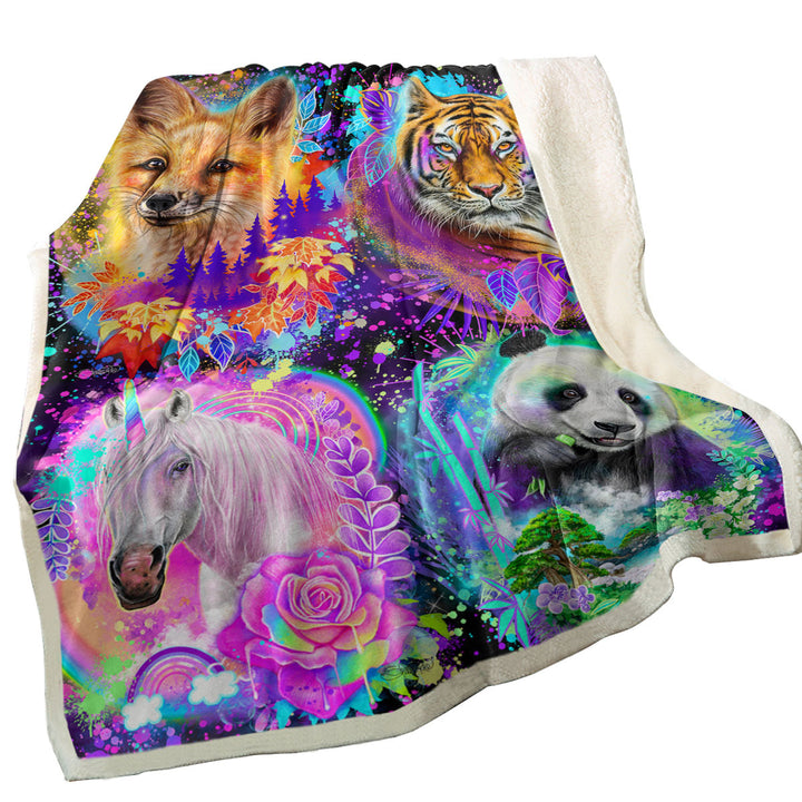Animal Sofa Blankets Tiger Fox Panda Unicorn Animal Spirits Collage