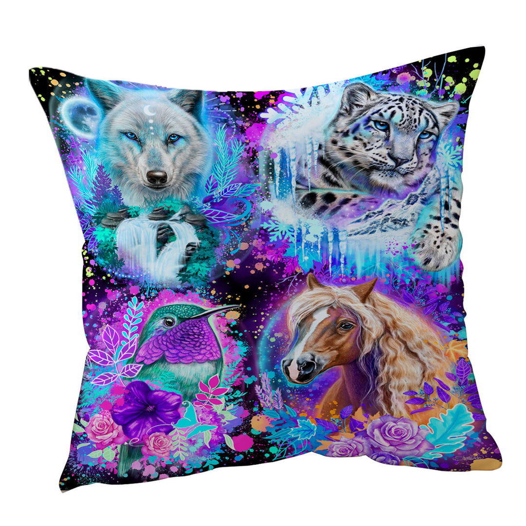 Animal Throw Pillows Wolf Horse Leopard Hummingbird Animal Collage