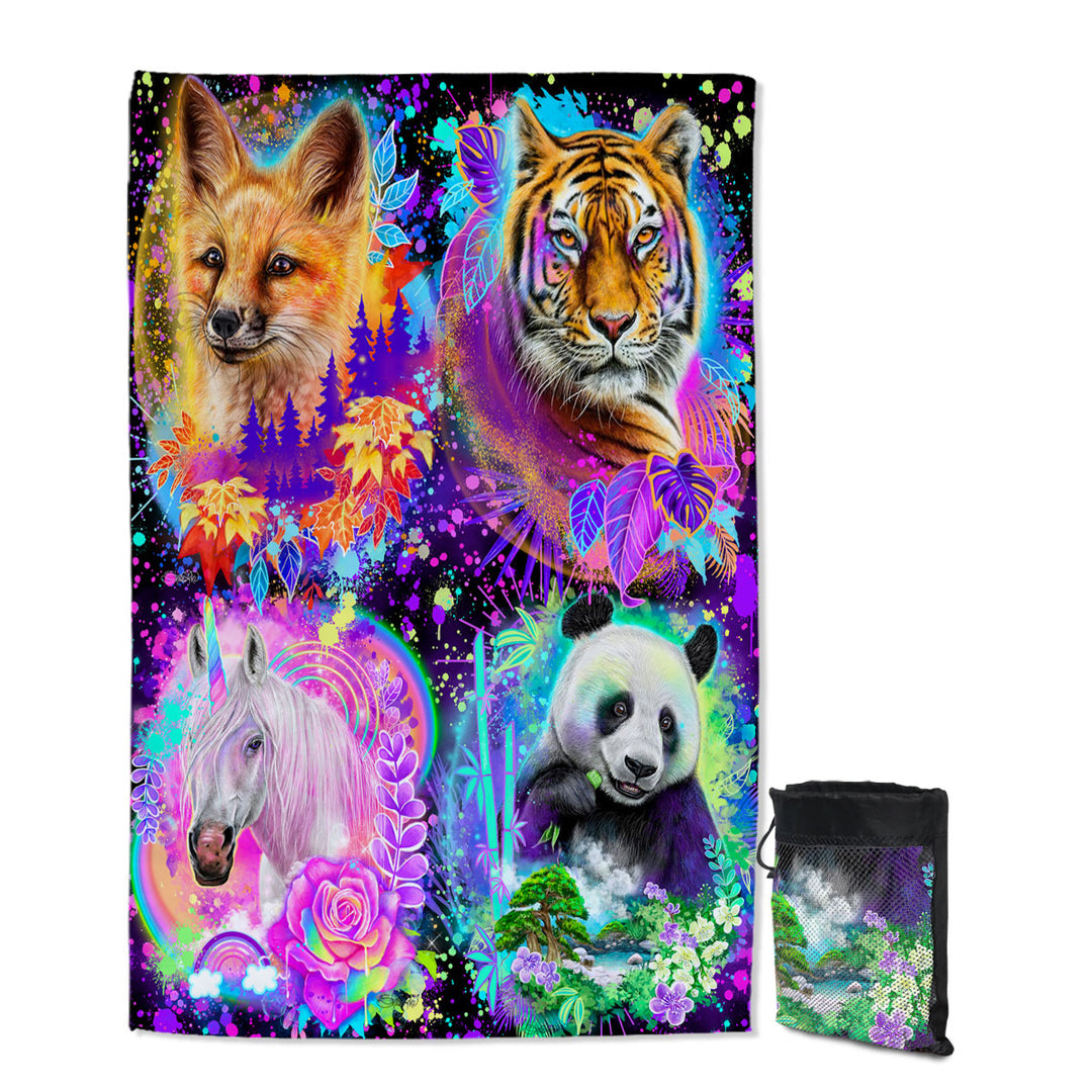 Animal Travel Beach Towel Tiger Fox Panda Unicorn Animal Spirits Collage