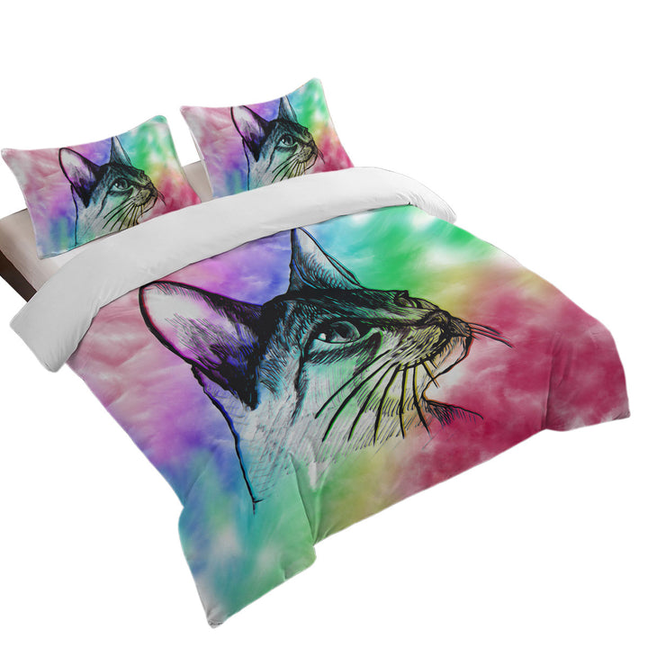 Art Cat Drawing over Colorful Fog Duvet Cover set