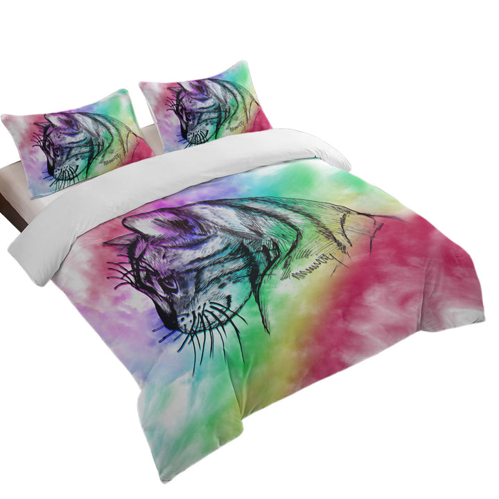 Art Cat Drawing over Rainbow Fog Duvet Covers