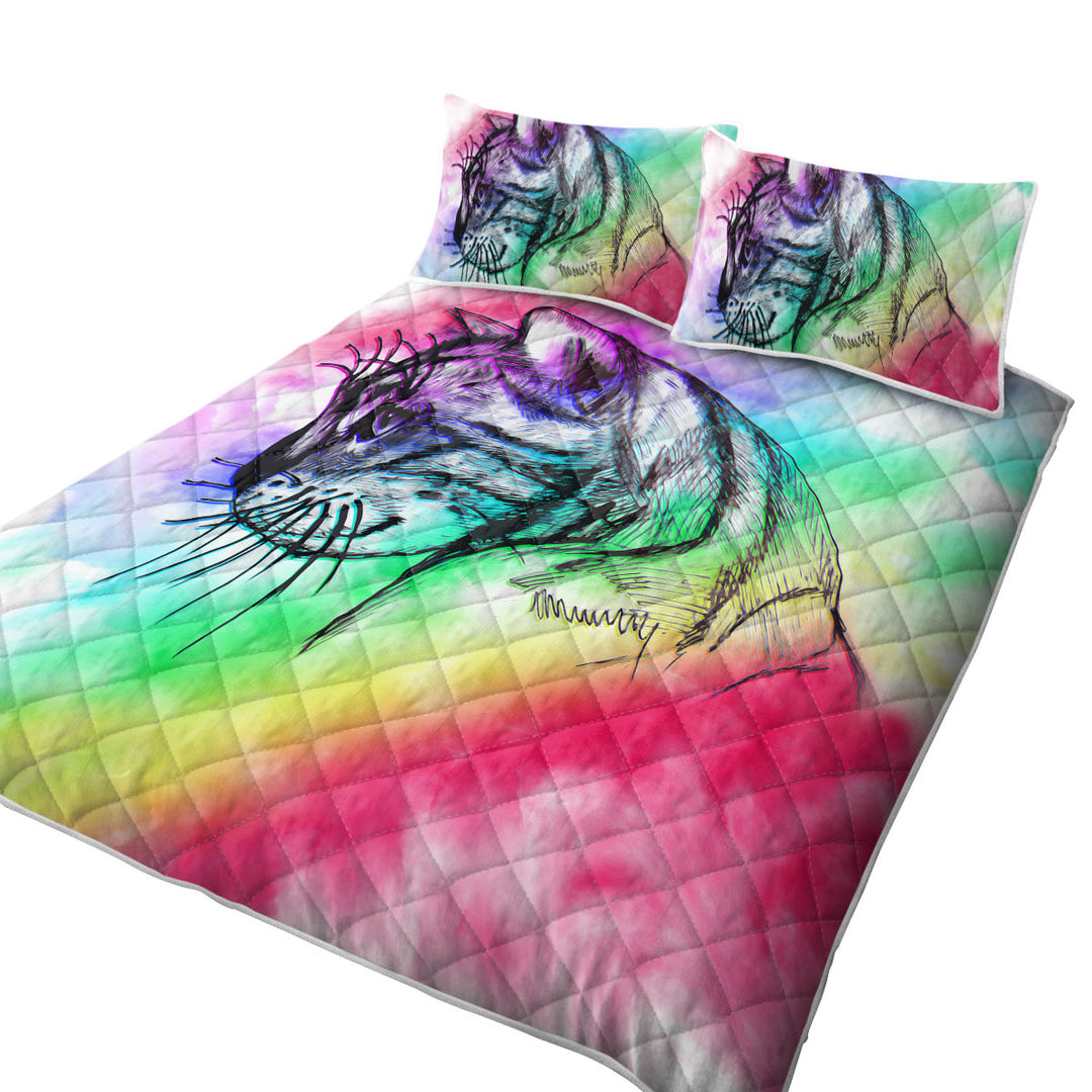 Art Cat Drawing over Rainbow Fog Quilt