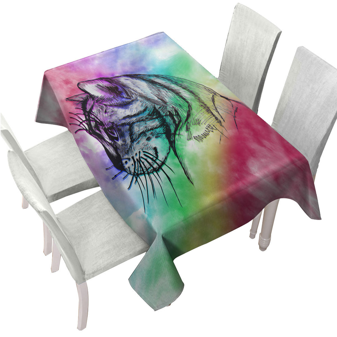 Art Cat Drawing over Rainbow Fog Table Cover