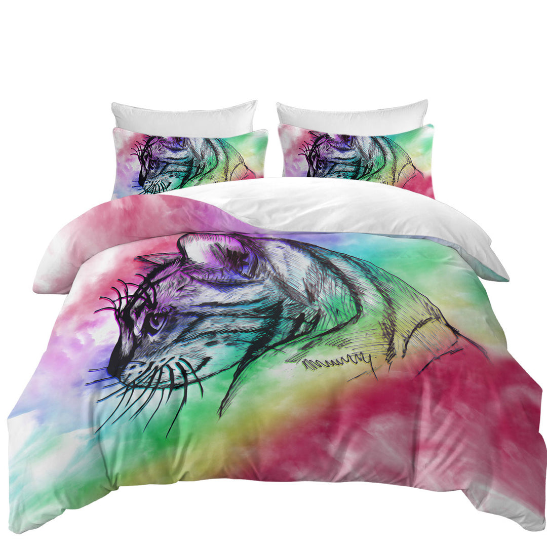 Art Cat Drawing over Rainbow Fog full Size Duvet Cover