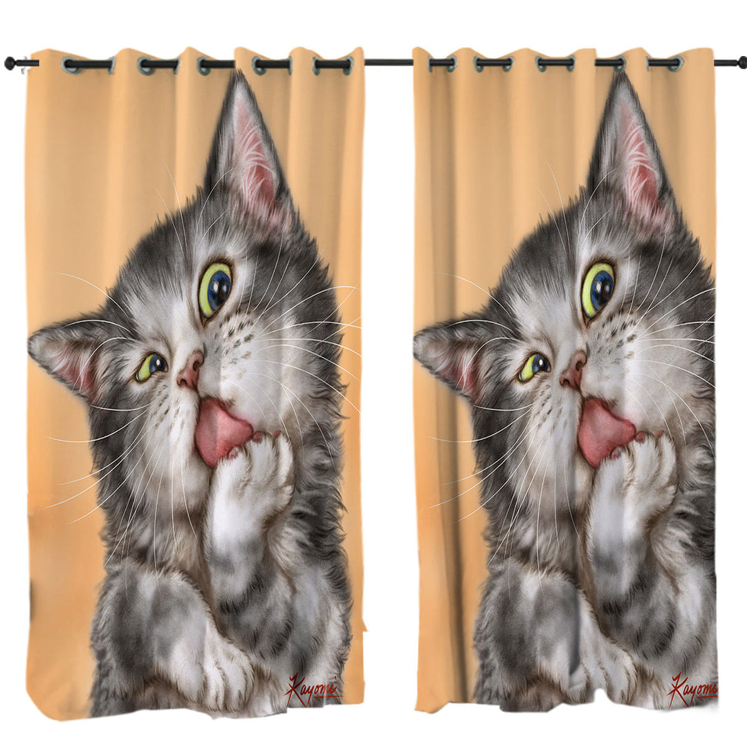 Art Drawing Cats Beautiful Licking Grey Kitten Curtains