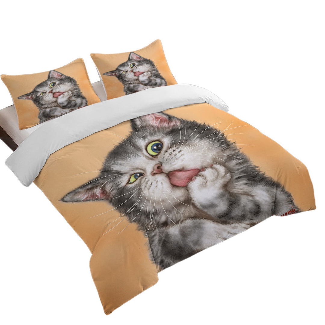 Art Drawing Cats Beautiful Licking Grey Kitten King Quilt Cover