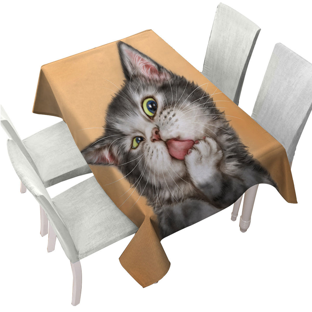 Art Drawing Cats Beautiful Licking Grey Kitten Tablecloths