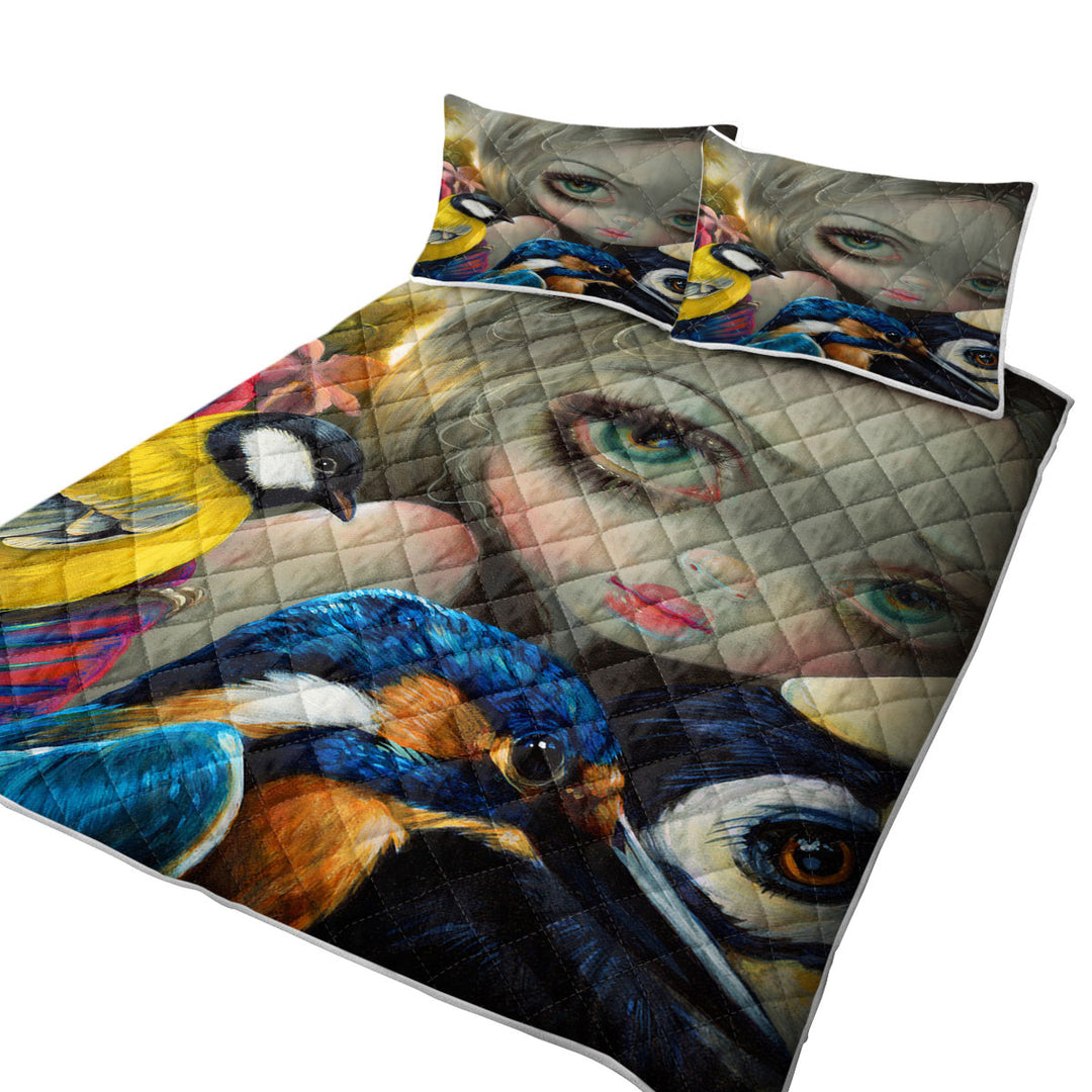 Art Painted Birdsong Beautiful Maiden and Birds King Size Quilt Sets