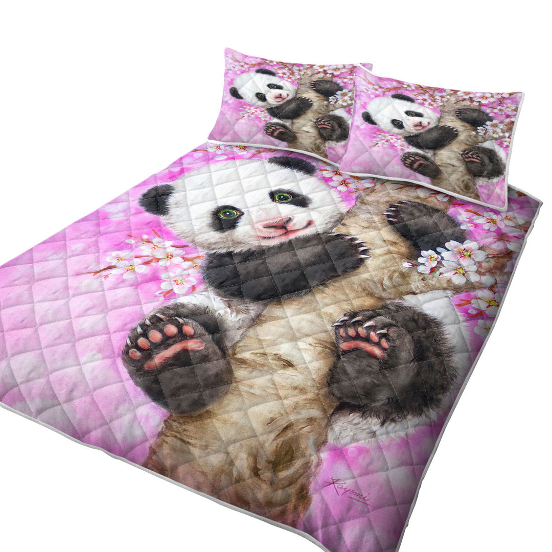Art Painted Design Cherry Blossom Panda Twin Quilt