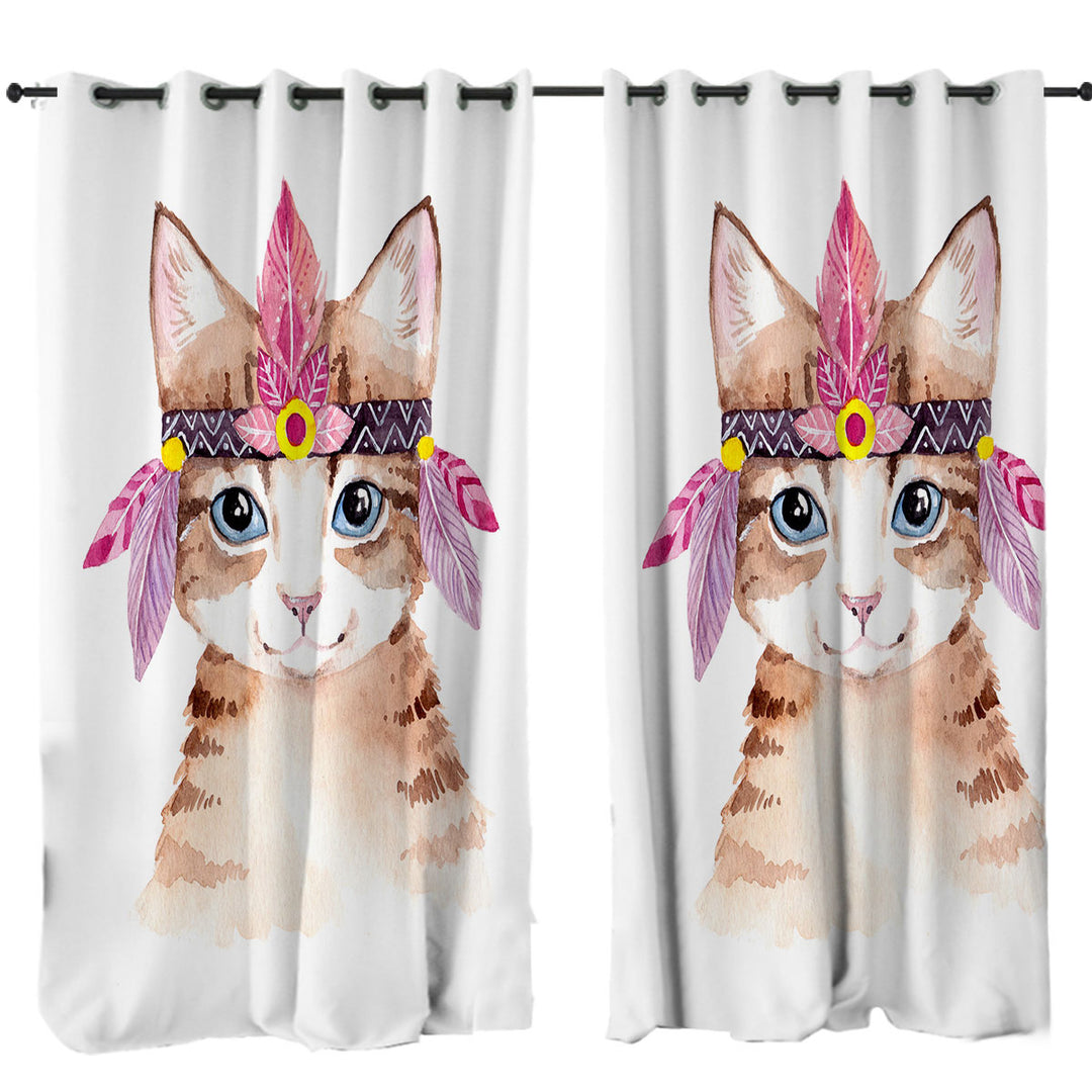 Art Painting Adorable Native American Kitten Curtains for Living Room