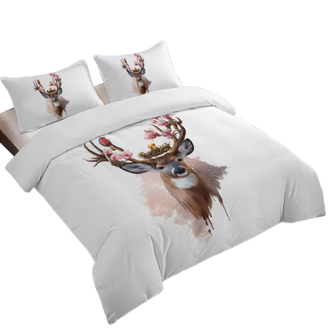 Art Painting Cute Birds Nest on Deer Antlers Queen Size Duvet Cover