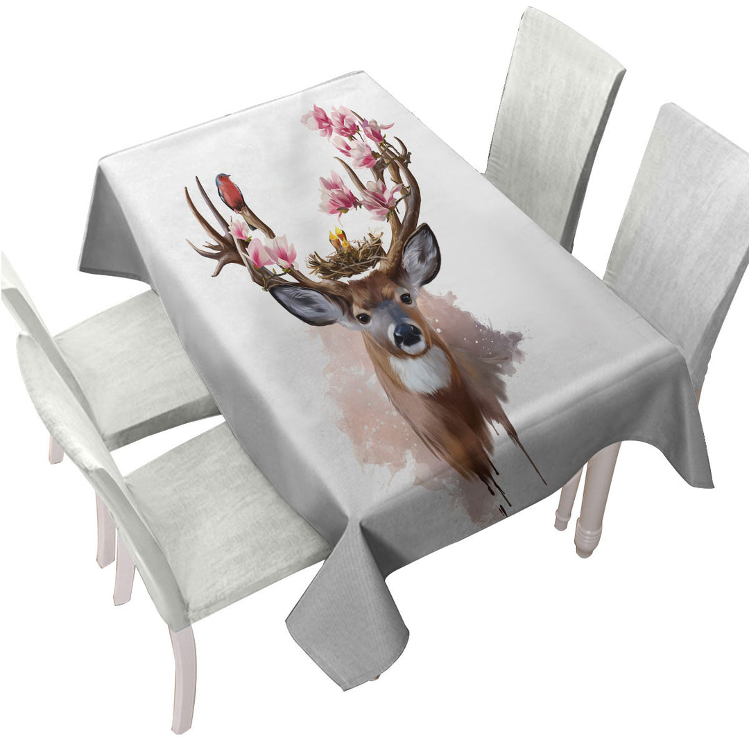 Art Painting Cute Birds Nest on Deer Antlers Tablecloths