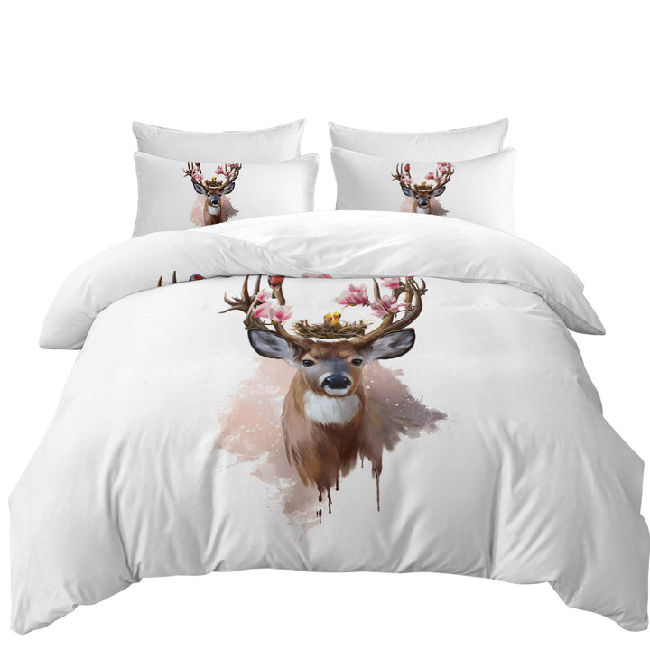 Art Painting Cute Birds Nest on Deer Antlers Twin Duvet Covers
